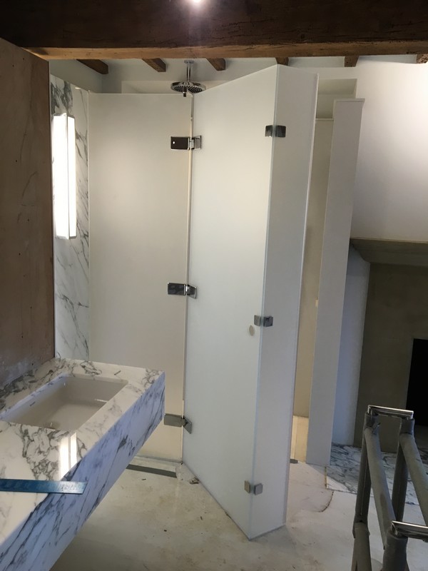 Bespoke frosted glass shower enclosure in Leighton Buzzard luxury bathroom